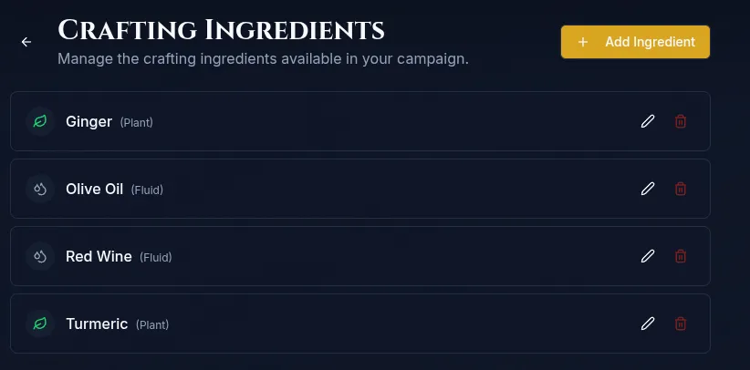 The Ingredients panel with the ingredient type options