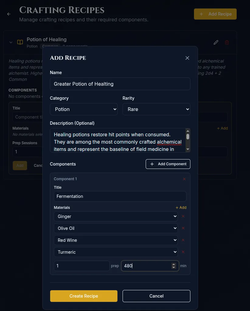 The recipe form, with name, category, rarity and description