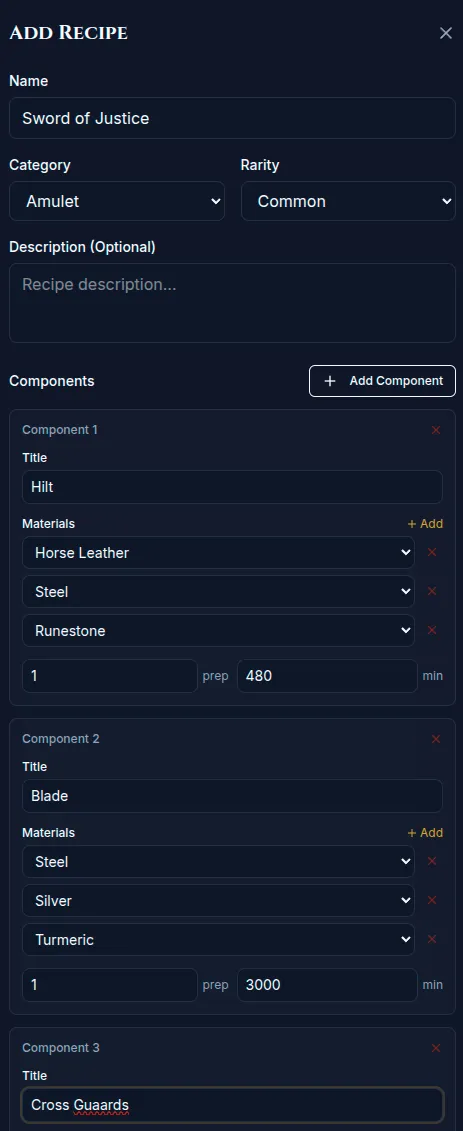 A recipe's Components list, each stage with title, materials, prep sessions and bake time