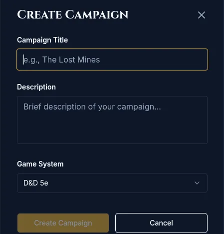 The Create New Campaign form, with title, description and game system