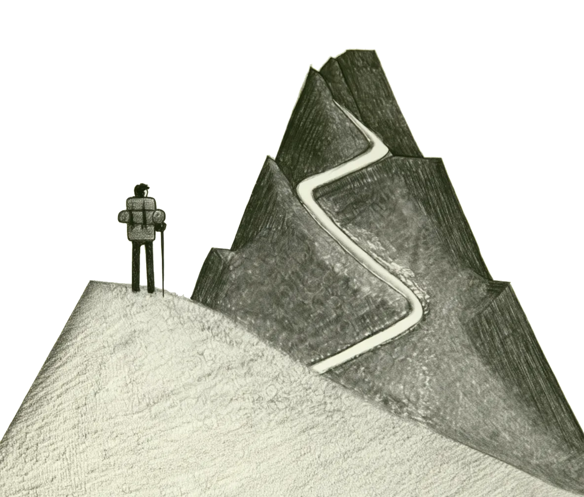 High Trail Studios: a hiker at the foot of a mountain trail
