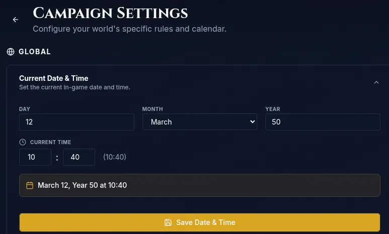 The Current Date and Time panel